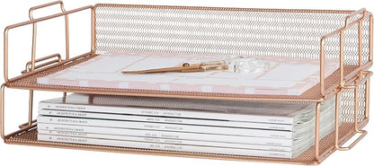 BLU MONACO Rose Gold Mesh Paper Tray – Set of 2 Stackable Letter Trays – by Blu_Monaco