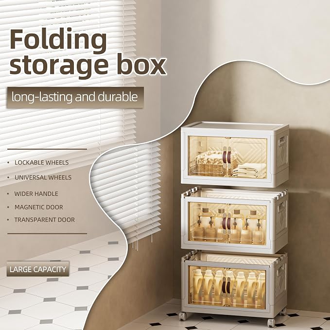 108 QT / 27 Gal Stackable Storage Bins w/Wheels & Magnetic Doors, Collapsible - Image 4