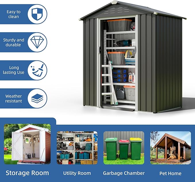 JY QAQA 5x3 FT Metal Outdoor Garden Storage Shed, Waterproof Metal Garden Sheds - Image 4