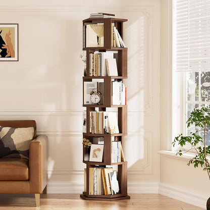 Rotating Bookshelf Tower, 6 Tier Solid Wood Spinning Rolling Book Shelf | by BACEKOLL