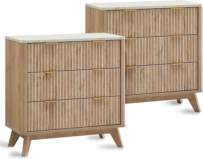 T4TREAM Fluted 3 Drawers Nightstand Set of 2, Oversized Extra Large Modern Side by T4TREAMFurniture