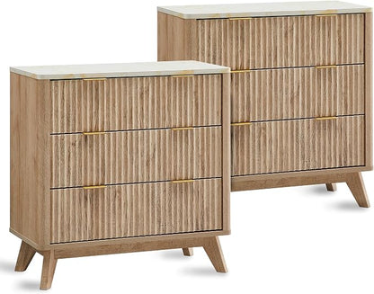T4TREAM Fluted 3 Drawers Nightstand Set of 2, Oversized Extra Large Modern Side by T4TREAMFurniture