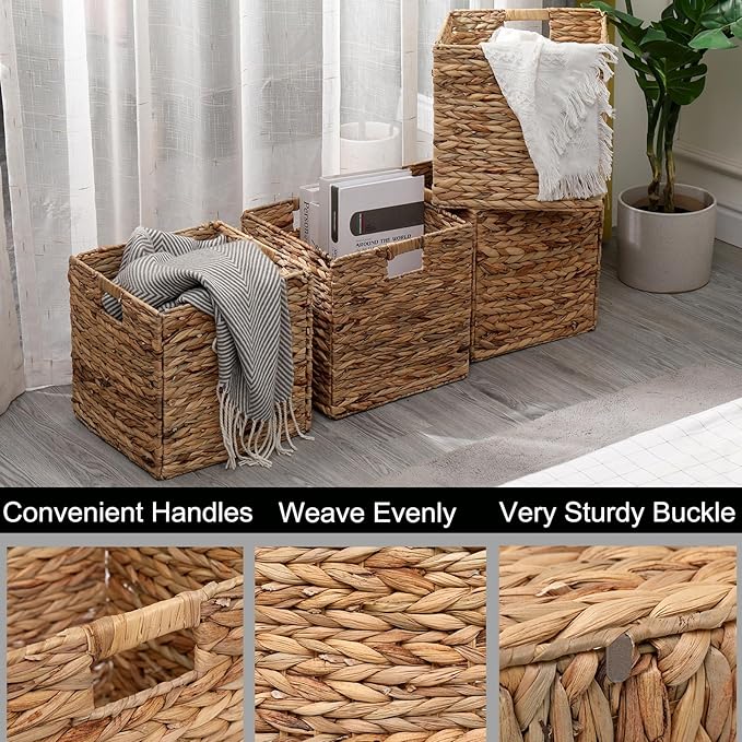 12x12in Storage Baskets 4 Pcs Water Hyacinth Baskets, Foldable Handwoven - Image 3