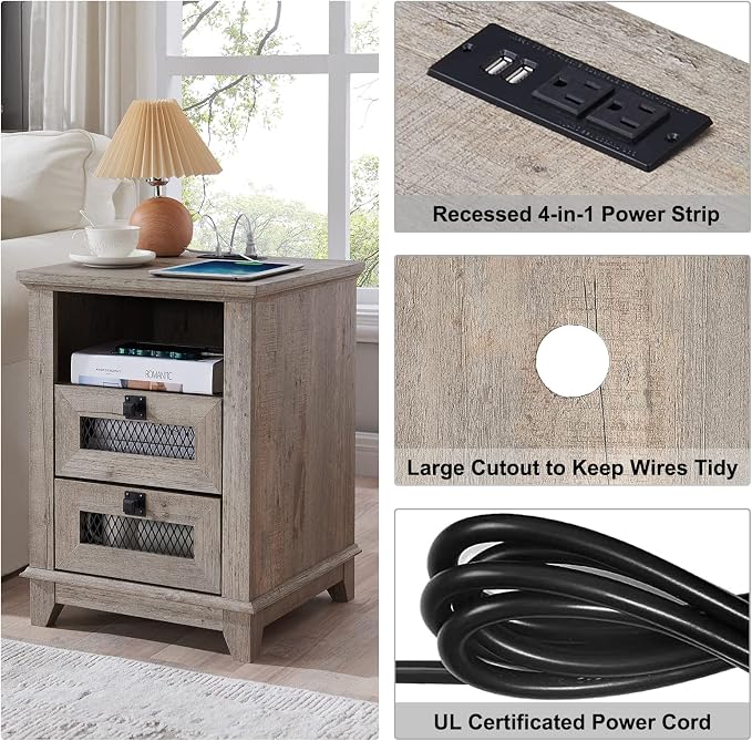 Nightstand with Charging Station, OKD 18'' Industrial & Farmhouse End Table - Image 5