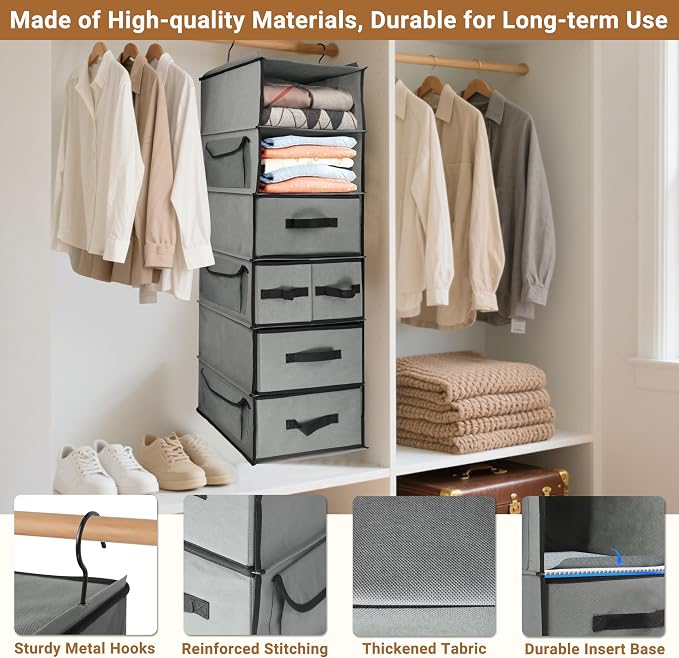6-Tier Hanging Shelves with 5 Drawers & 3 Side Pocket, Durable Fabric Hanging - Image 4