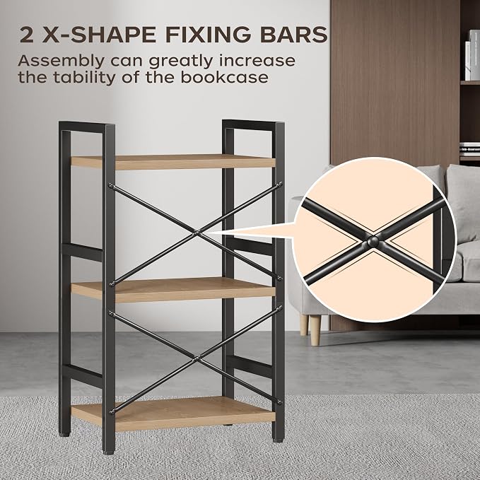 Homeiju Bookshelf, 3 Tier Industrial Bookcase, Metal Small Bookcase, Rustic - Image 8
