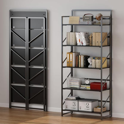 JSB No Assembly Folding Bookshelf, 5 Tier Industrial Metal Book Shelf - Image 4