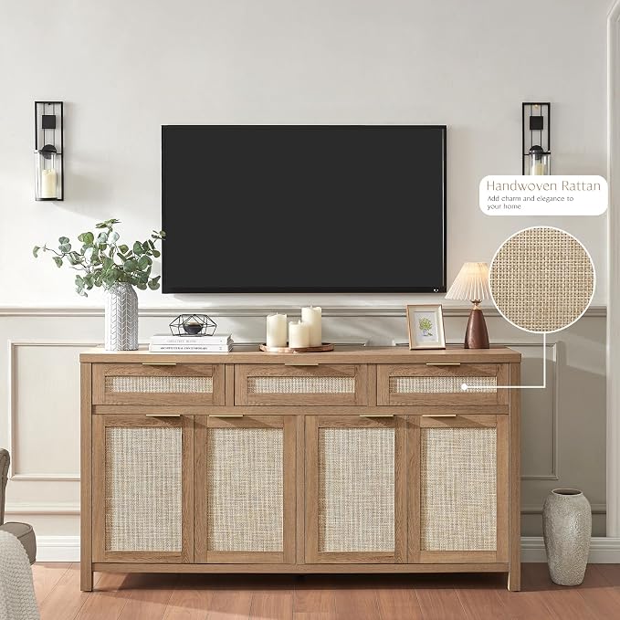 HOKYHOKY 63" Rattan Sideboard Buffet Cabinet, Boho Storage Cabinet - Image 8
