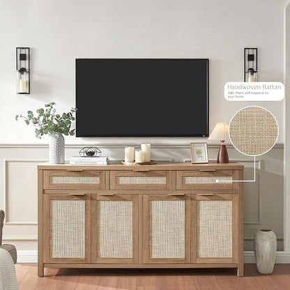 HOKYHOKY 63" Rattan Sideboard Buffet Cabinet, Boho Storage Cabinet - Image 8