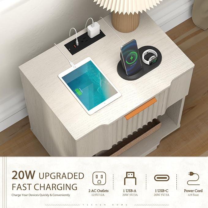 Yechen Fluted Nightstand with 20W Fast Charging Station - Image 3