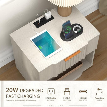 Yechen Fluted Nightstand with 20W Fast Charging Station - Image 3