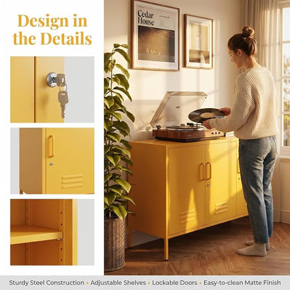 Lockable Yellow Industrial Metal TV Cabinet, Media Storage Console TV Stand - Image 5