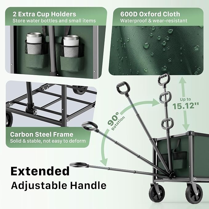 29.3" Collapsible Wagon Cart, 150L Heavy Duty Folding Utility Wagon - Image 7