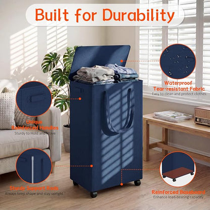 Slim Laundry Hamper with Wheels, 20 Gal Rolling Laundry Basket with lid and - Image 3