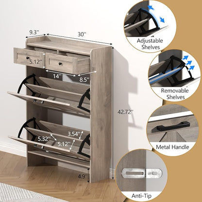 Thacuok Shoe Cabinet with 2 Flip Drawers & 2 Storage Drawers, Rustic Farmhouse - Image 6