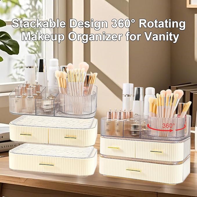 DASITON Makeup Organizer with Drawers and Rotating Makeup Brush Holder - Image 3