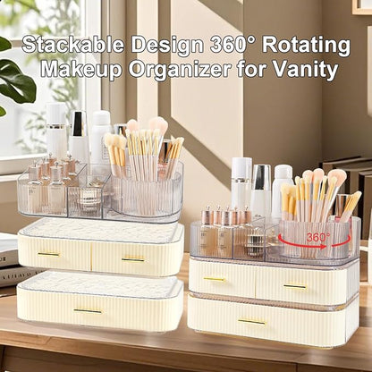 DASITON Makeup Organizer with Drawers and Rotating Makeup Brush Holder - Image 3