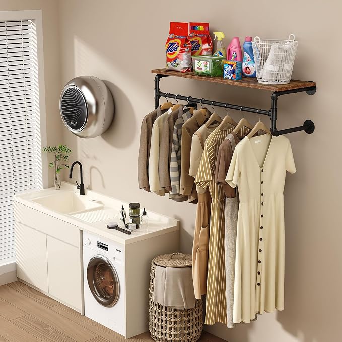 Clothes Rack with Top Shelf, 43.3in Industrial Pipe Wall Mounted Garment Rack - Image 3