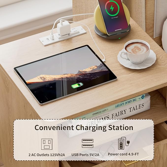 Fluted Nightstand with Charging Station, Bedside Table - Image 7