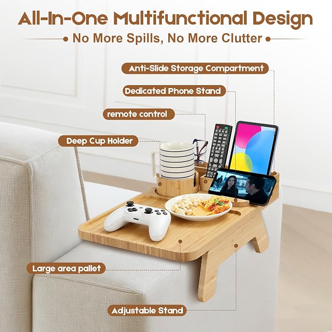 Bamboo Couch Arm Tray, with Cup Holder Phone Stand&Non-Slip | 100% side-pressed - Image 3