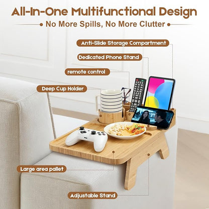 Bamboo Couch Arm Tray, with Cup Holder Phone Stand&Non-Slip | 100% side-pressed - Image 3