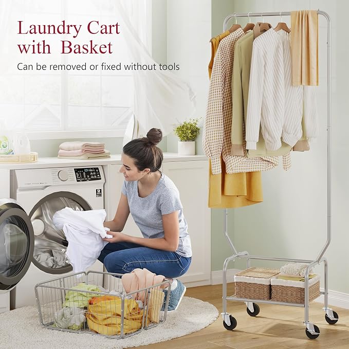 Tajsoon Laundry Cart with Hanging Rack, Metal Rolling Laundry Cart with Wheels - Image 2