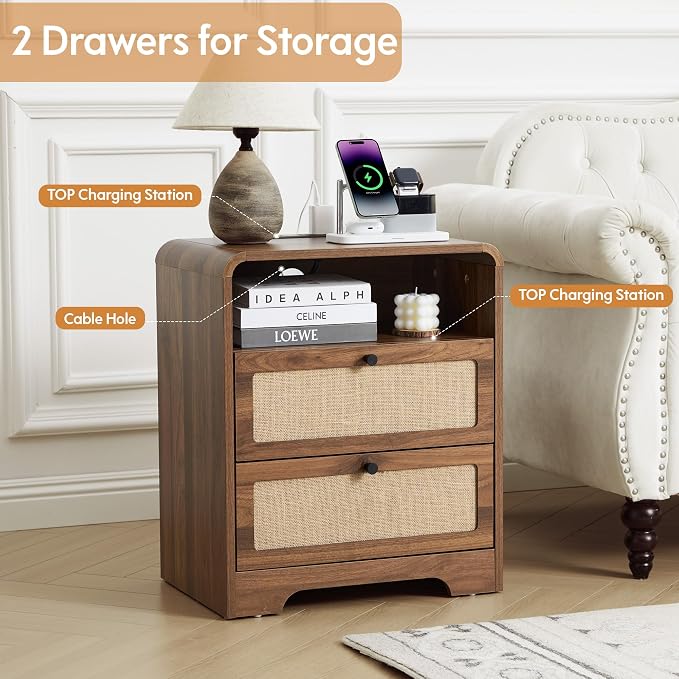 Modern Night Stand with Charging Station and 2 Drawers, Wooden Side Table - Image 5