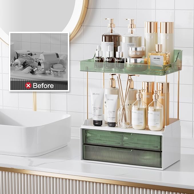 Delamu Bathroom Organizers and Storage, 2 Tier 2 Drawer Makeup Organizer - Image 7