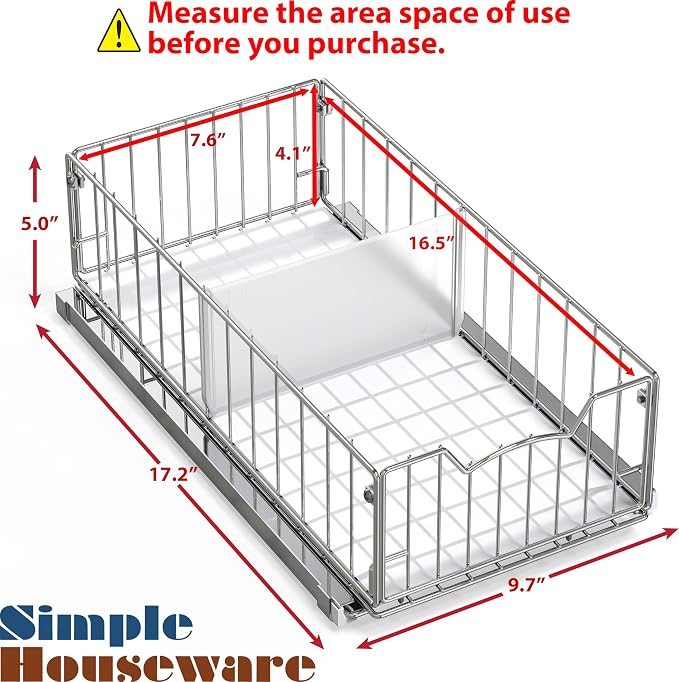 Simple Houseware Pull-Out Cabinet Sliding Basket, 17.2Dx9.7Wx5H, Chrome | Ideal - Image 2