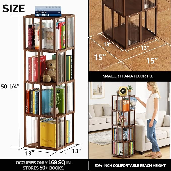 BAMEOS Rotating Bookshelf Tower 4 Tier, 360 Spinning Bookcase - Image 3