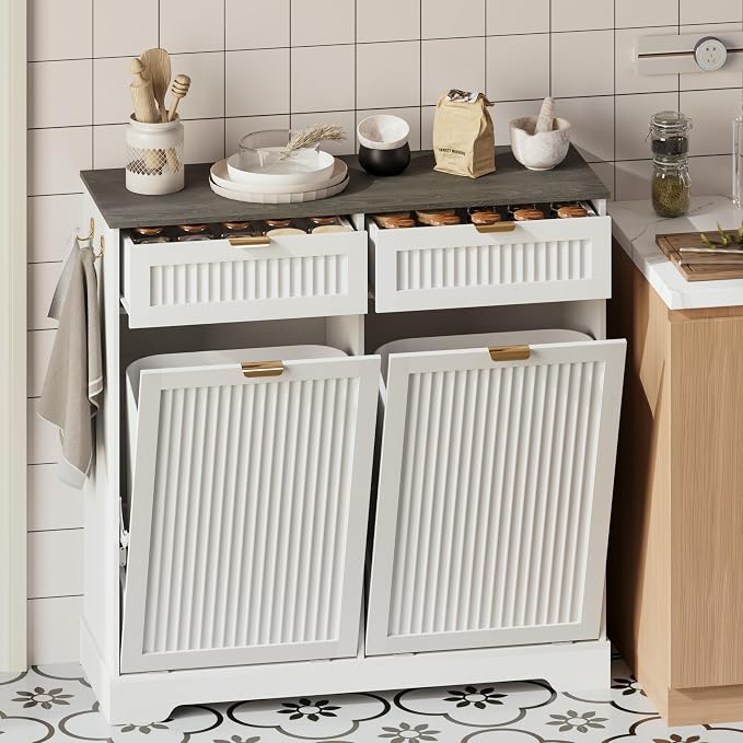 2x13 Gallons Double Tilt Out Trash Can Cabinet, Wooden Fluted Trash Garbage Can - Image 8