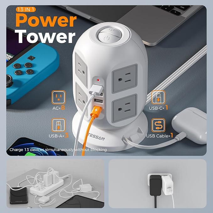 Tower Power Strip Surge Protector 10 Ft, TESSAN Flat Plug Extension Cord - Image 2