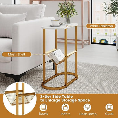 Tangkula Oval Narrow Side Table, 2-Tier End Table w/Mesh Magazine Rack - Image 7