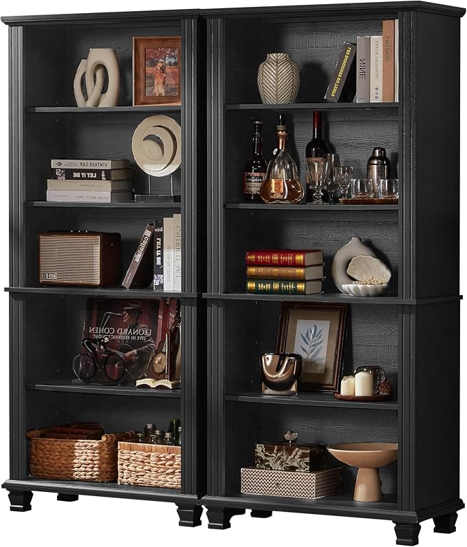 70" Tall Black Bookshelf, 5 Tier Wooden Book Shelf by SAVORLIFEFurniture