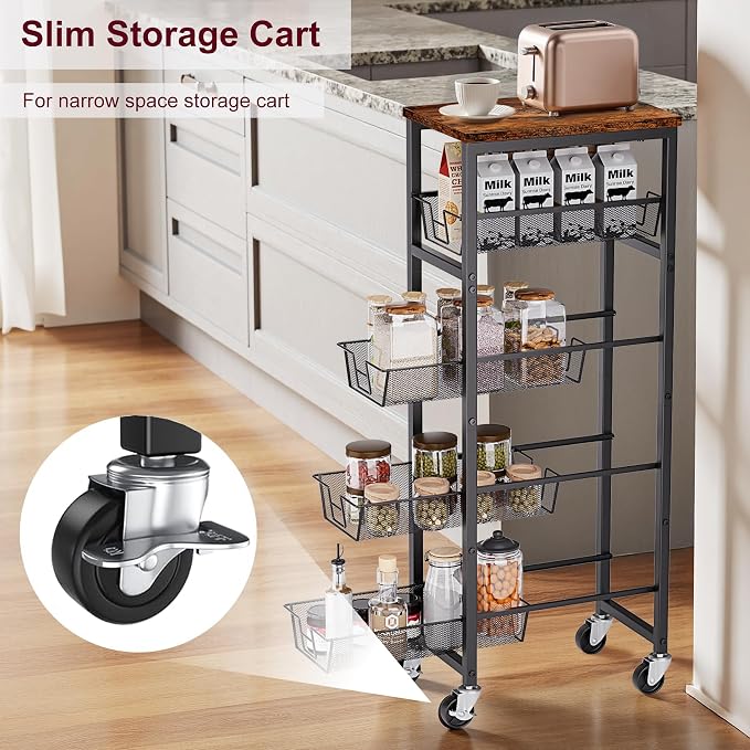 Slim Rolling Cart, 4-Tier Storage Cart, 9.1inch Narrow Kitchen Rolling Cart on - Image 2