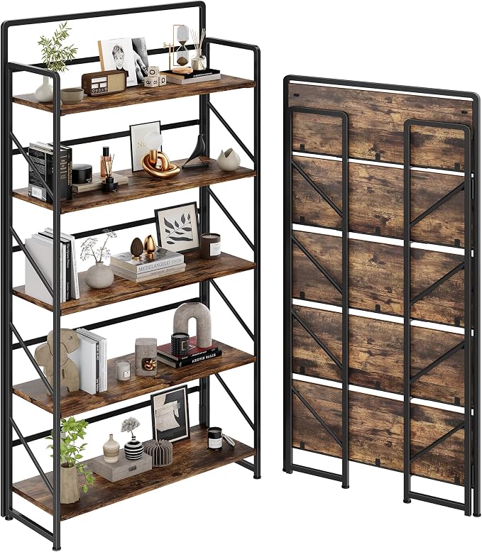 JSB Folding Bookshelf, Industrial Storage Shelves, No Assembly Vintage Wood by HomeFurniture