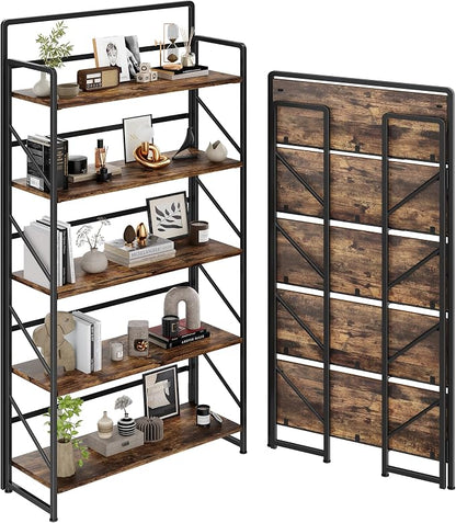JSB Folding Bookshelf, Industrial Storage Shelves, No Assembly Vintage Wood by HomeFurniture