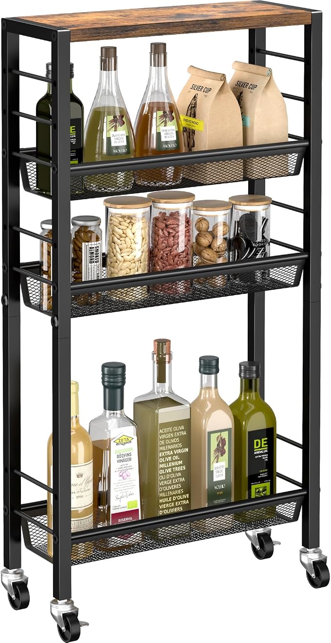 Slim Rolling Cart, 4-Tier Narrow Kitchen Storage Cart, Slim Utility Cart on by VANTIMO