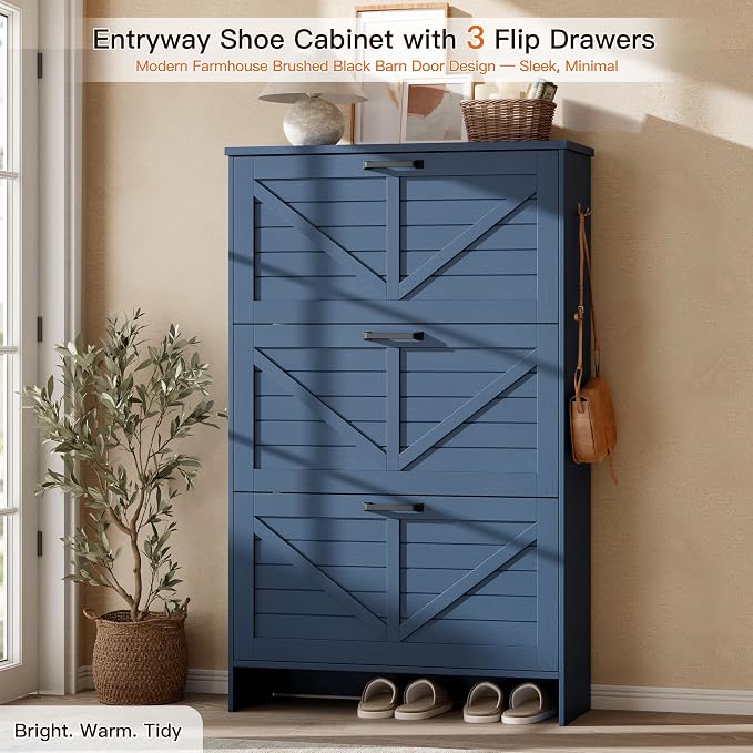 Nicetree Farmhouse Blue Shoe Cabinet – Ultra Slim 3-Drawer Flip Organizer - Image 3