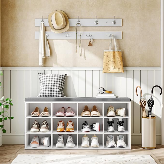 HOOBRO Shoe Storage Bench with Cushion, 39.4" L Entryway Bench with 12 Cubbies - Image 2