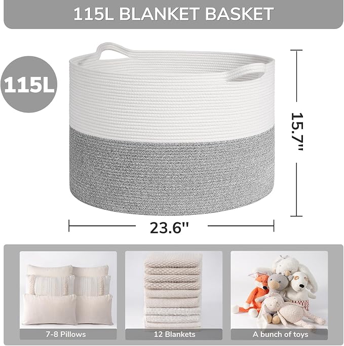 INDRESSME 115L Extra Large Blanket Basket, Soft Cotton Rope Storage Basket - Image 2