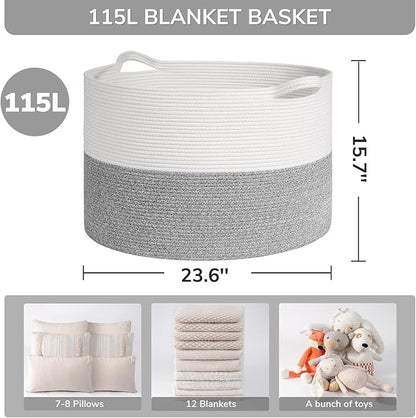 INDRESSME 115L Extra Large Blanket Basket, Soft Cotton Rope Storage Basket - Image 2