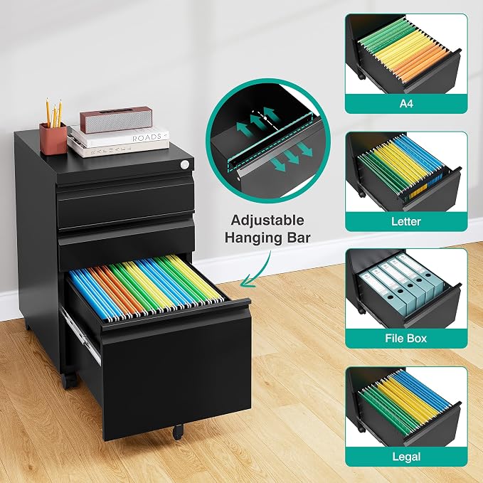3 Drawer File Cabinet with Lock, Under Desk File Cabinet with Wheels, Three - Image 5