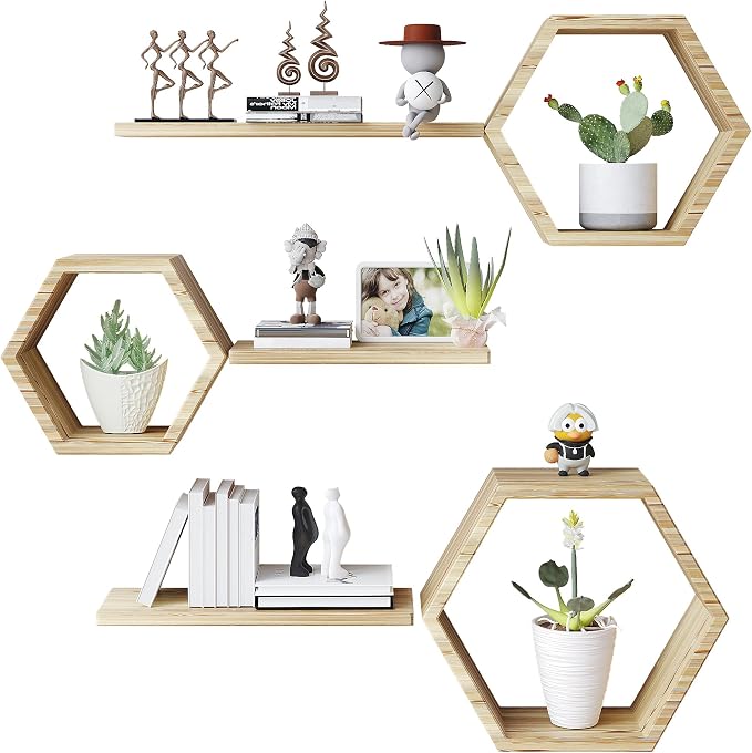 Wooden Hexagon Floating Shelves Wall Mounted - Image 9
