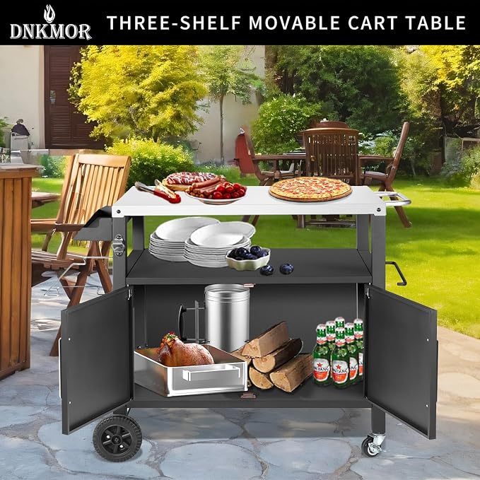 Dining Cart Table with Big Storage Cabinet, Movable Outdoor BBQ Grill Table - Image 3