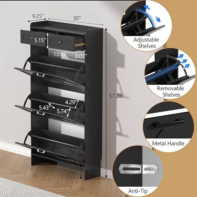 Thacuok Shoe Cabinet with 3 Flip Drawers & 2 Storage Drawers, Rustic Farmhouse - Image 6