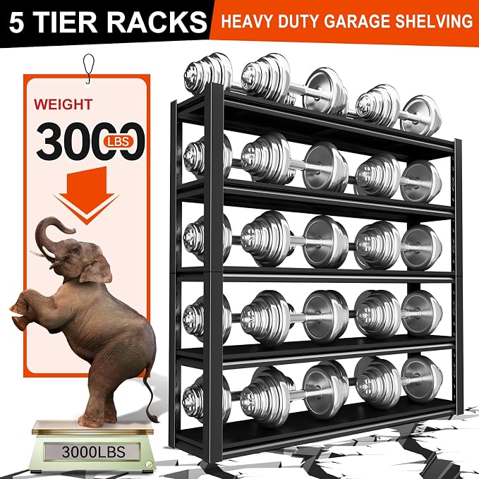 63" H/32” W Garage Shelving, Heavy Duty 5 Tire Adjustable Storage Unit - Image 3