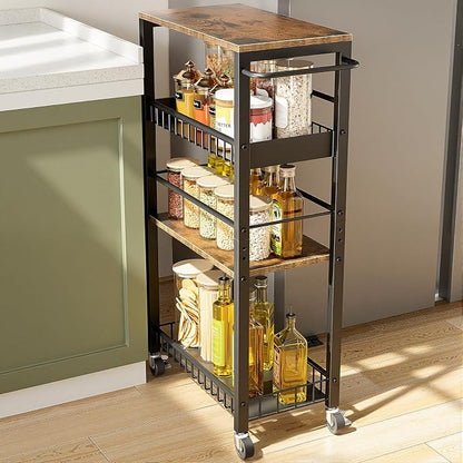 Slim Rolling Storage Cart, 4 Tier Narrow Storage Cart, 9.1in | Metal Kitchen by Kssiaz