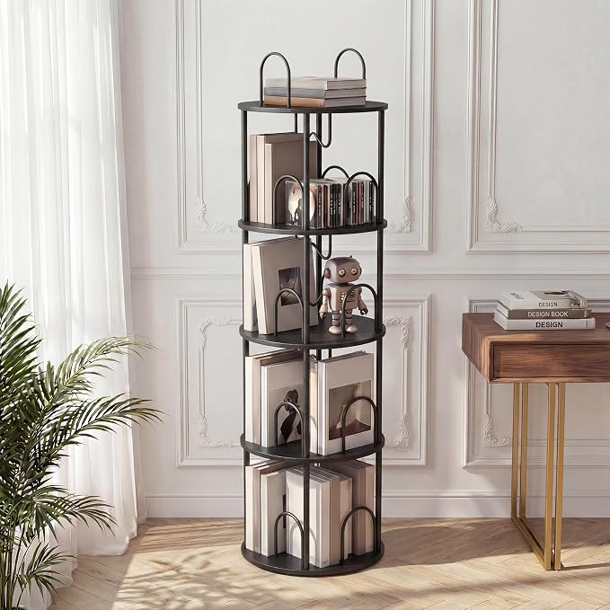 4 Tier Rotating Bookshelf, 360° Spinning Bookshelf Tower, Narrow Corner Book by Merkisa