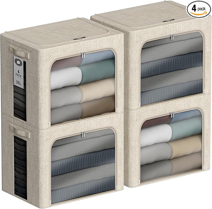 4 Pack Clothes Storage Bins - 36L Stackable Storage Box with Lid，Foldable by Chizjox